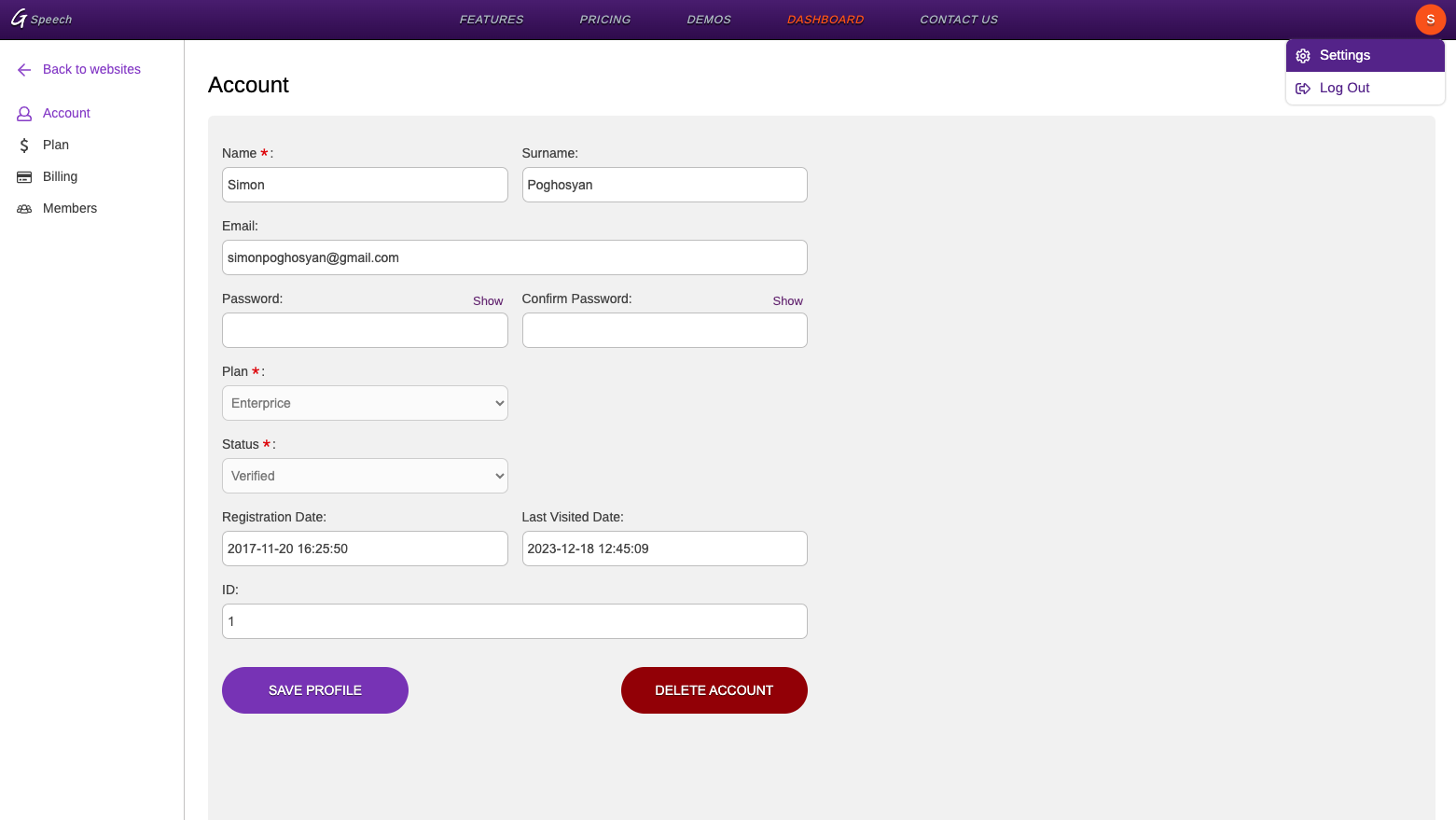 GSpeech profile settings screenshot