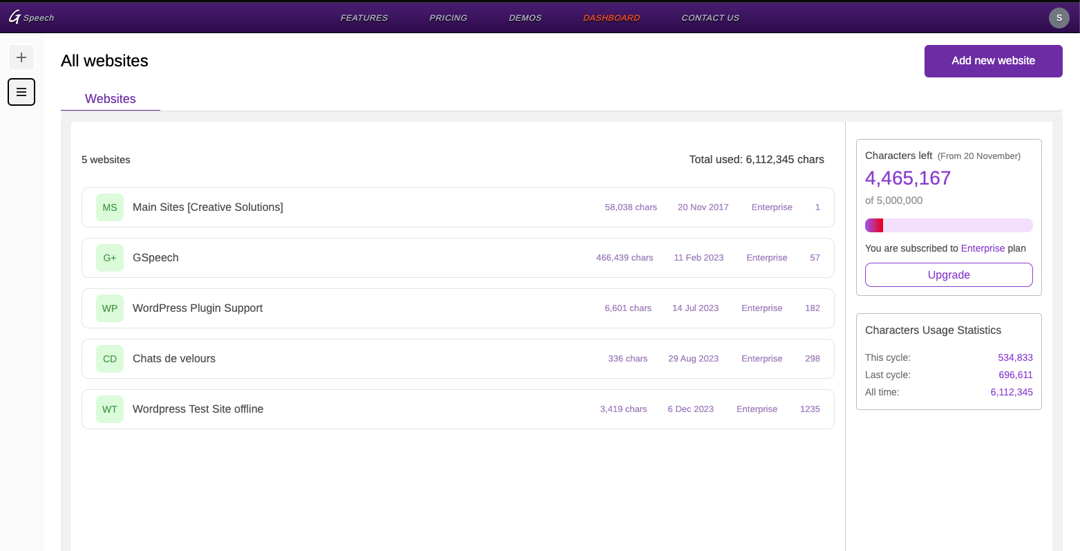 GSpeech websites dashboard screenshot
