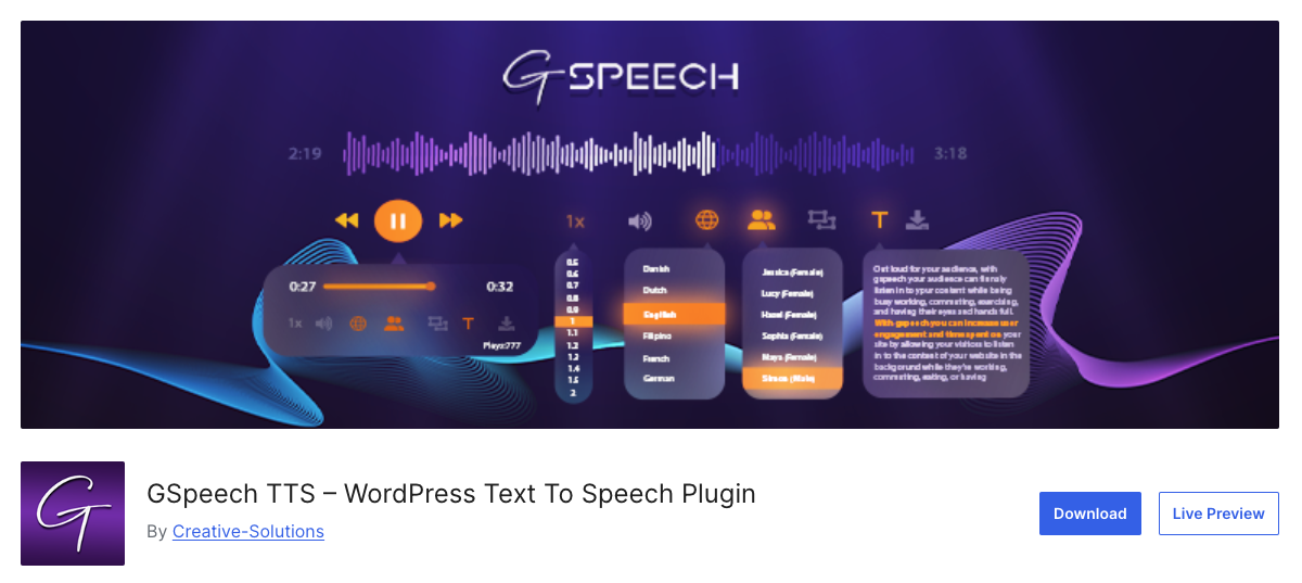 GSpeech WordPress text to speech plugin